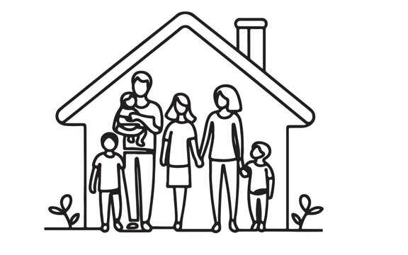 recommend clip art: continuous one line drawing of House family parents and children safe in rounded home, Family linear icon illustration vector
