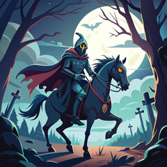 Vector Illustration of a Headless Horseman Riding a Dark Horse Through a Foggy Night - Eerie and Mysterious Scene Perfect for Halloween and Dark Fantasy Themes