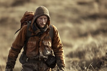 Fototapeta premium A rugged individual steps into view, dressed in muted tones, his piercing gaze scanning the horizon for signs