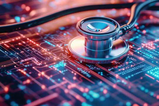 Stethoscope on a digital circuit background, symbolizing advanced medical technology Highquality image