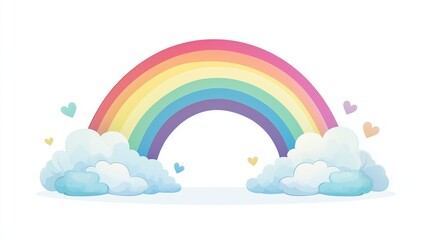 Sky with rainbow and soft clouds, white backdrop, flat design illustration