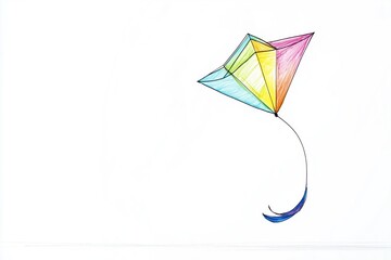 A kite flying high in the sky, white background, sketch style, bright primary colors, playful and dynamic.