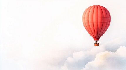 Fototapeta premium A lone hot air balloon drifting among soft clouds, white background, watercolor, gentle pastels, calm and peaceful atmosphere.