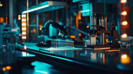 Fototapeta premium Advanced scientific laboratory with microscopes and test tubes