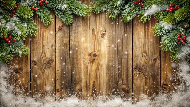 Christmas background featuring old wood plank texture with a snow frame, exuding vintage and rustic style