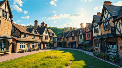 Obraz premium A serene stone-built town in the heart of Oxfordshire, featuring half-timbered houses, historic architecture, and