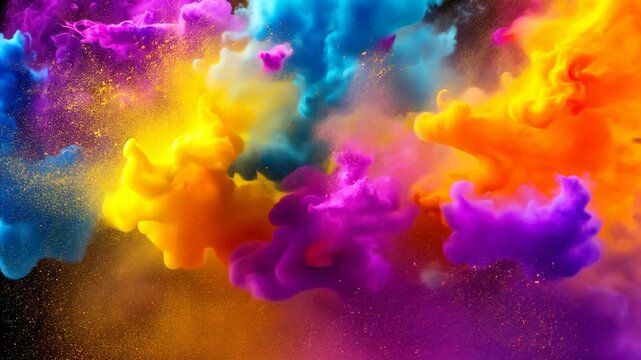 Holi color paint splatter powder festival explosion burst powder wide background, wallpaper 16:9.