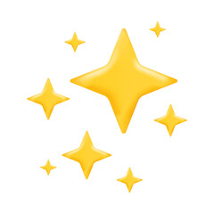 3D gold sparkle stars set, Cute realistic cartoon 3d render, glossy yellow four pointed shining stars concept for magic sparkling decoration, web, game, app, design. Vector on white background.