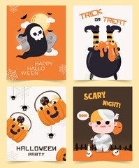 Halloween theme poster designs with characters and decorations. Vector illustrations.
