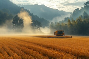 Obraz premium Serene Foggy Morning Harvest in Rural Village with Farmers Amid Golden Fields