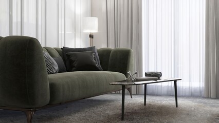 Gray sofa with cushion, coffee table on shag rug, floor lamp in luxury, retro, mid century style...