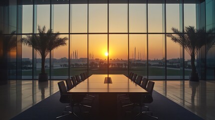 Fototapeta premium Modern Office Design in Saudi Companies: Glass Windows, Luxurious Interiors, and Sunset Views
