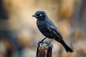 A tiny, sleek bird with a white mask and bright, inquisitive eyes sits on a rusty fencepost, its