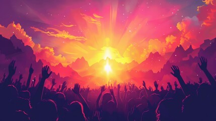 A joyful congregation celebrating the resurrection with raised hands and singing, framed by a bright sunrise cartoon Vector Illustration