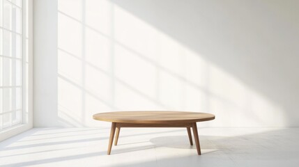 Teak coffee table in a pristine white room copy space on right side minimalist aesthetic soft natural lighting 
