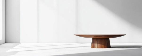 Teak table in a bright white room copy space on right side minimalist design clean and sleek look 