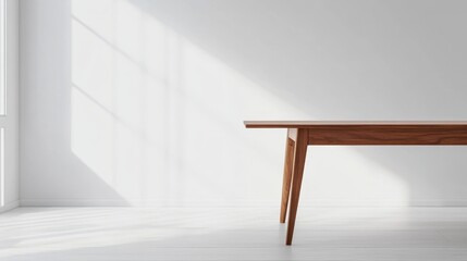 Hyper-realistic teak table with smooth finish in a white room copy space on right side minimalist aesthetic sleek design 