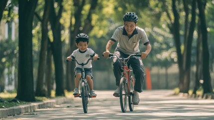 Father and Son Biking Through Green Park
