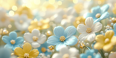 3D render of plasticine cute tiny flowers with gold pearls, generative AI