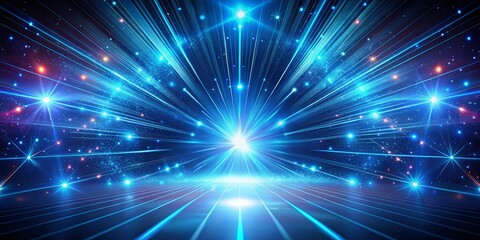 Fototapeta premium Abstract cosmic wallpaper featuring a blue background with neon rays, light flashes, faces, and lines