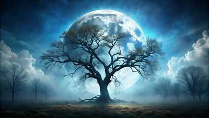 Spooky tree in dark forest under full moon