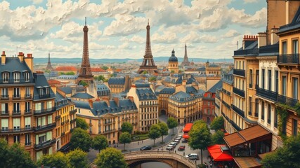 Fototapeta premium A vintage-style map depicts the City of Light, showcasing iconic landmarks like the Eiffel Tower, River Seine, and