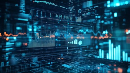 Digital financial data visualization on futuristic blue interface