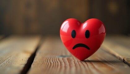 A red heart with a frowning face on it sits on a wooden surface