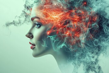 Fototapeta premium Portrait of a woman with glowing neural elements in her hair symbolizing creativity beauty and the connection between human expression and technology