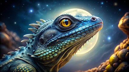 Fototapeta premium A mystical basilisk with shimmering silver and indigo scales under a moonlit glow, its yellow eyes seemingly following you