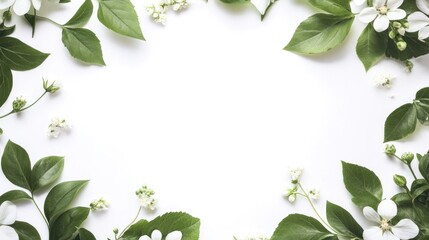 Fototapeta premium A botanical wedding frame featuring delicate green leaves and soft white flowers, arranged around the edges of a clean white background, ideal for an elegant wedding invitation.