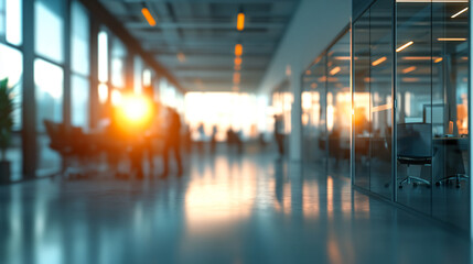 Obraz premium glowing blurred background of a business people meeting and discussion, Working space with bokeh effects, office large windows, and glowing lighting, business presentation