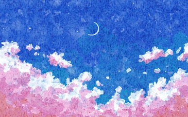 三日月　空　雲　ファンタジー　水彩　イラスト　背景素材