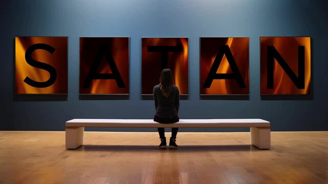 The Word Satan With a Fire Backdrop Depicted on Artwork in an Art Gallery Viewed by a Woman
