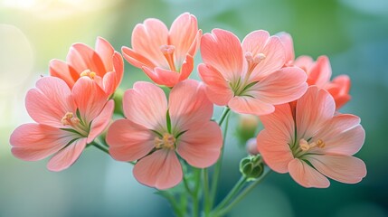Fototapeta premium A closeup of blooming flowers in various shades of Sunset Coral gently lit by soft sunlight The petals have a radiant glow evoking a sense of joy and rejuvenation The warm tones of the flowers stand o