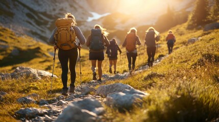 Group of Hikers Ascending a Mountain Path at Sunset
