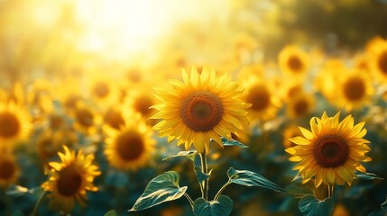 Fototapeta premium A wide field of sunflowers in full bloom basking in the golden light of Ray Flower The bright yellow petals glow under the midday sun creating a vibrant scene full of energy and life 
