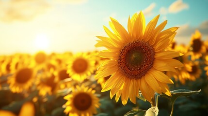 A wide field of sunflowers in full bloom basking in the golden light of Ray Flower The bright yellow petals glow under the midday sun creating a vibrant scene full of energy and life 