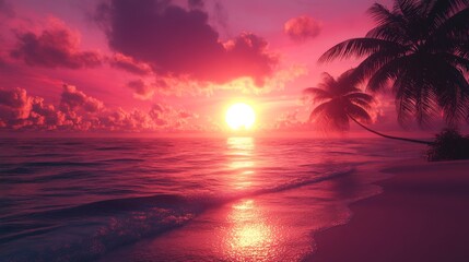 A vibrant sunset over the ocean with the sky bathed in rich Sunset Coral tones Gentle waves reflect the warm coral hues and the sun casts a soft glow over the beach Silhouettes of palm trees in the fo