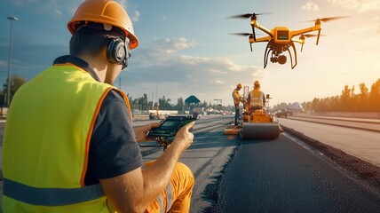 Futuristic roller machine paving a smart highway, integrated sensors and drones monitoring progress, roller road, technology advancement