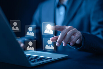 human manager online digital technology, company service has network links worldwide, recruit customers, and hire. human resource manager, HR concept. recruitment process managing people