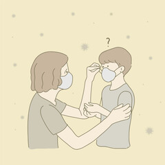 Hand drawing Illustration of mother and daughter wearing Surgical face mask