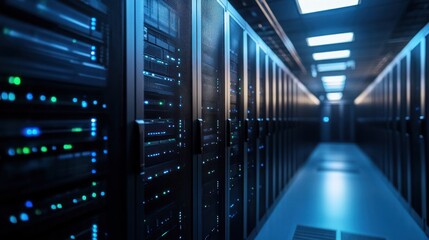 Fototapeta premium A clean and organized data center with rows of networking equipment, including high-performance routers and switches.