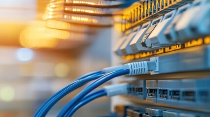 A close-up of data network cables connected to switches in a modern office, ensuring high-speed connectivity and secure data transmission.