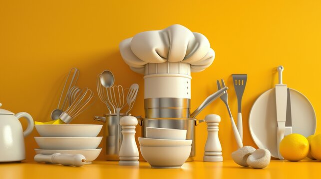 White Kitchen Utensils and Accessories Against a Yellow Background - Powered by Adobe