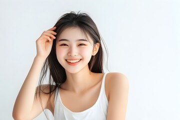 Fototapeta premium Charming Asian Model Showcases Relaxed Sleepwear in Playful White Backdrop Photo