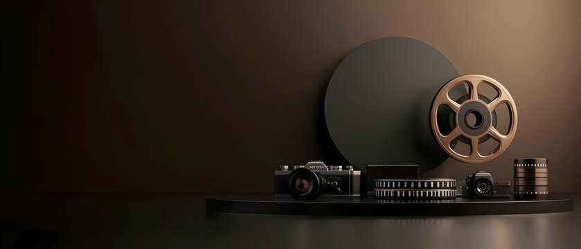 3D rendering of a podium mockup scene with vintage cameras and film reels, featuring a retro cinema background for a movie-themed product presentation. The color palette is sepia and black. Featuring