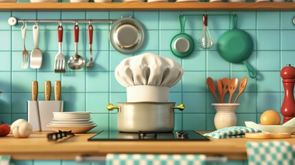 A chef's hat sits atop a pot on a stovetop in a kitchen