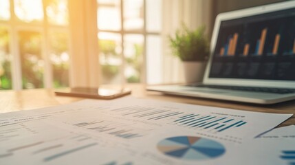 Financial charts and laptop displayed in a home office environment