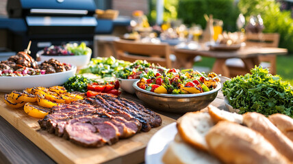 Obraz premium A rustic outdoor table filled with grilled meats, fresh salads, and vibrant vegetables creates delightful atmosphere for summer gathering. colorful dishes invite everyone to enjoy delicious meal toget